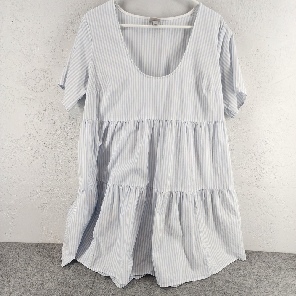 A New Day XL Blue White Striped Tiered Babydoll Mini Dress Coastal Womens